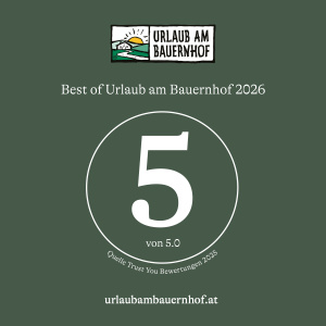 Auszeichnungssiegel „Best of Urlaub am Bauernhof 2026“ mit Bewertung 5 von 5